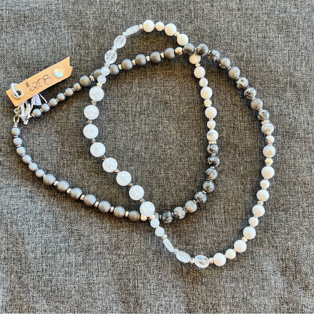 Silver White And Grey  33” Long Swarovski Crystal Quartz And Hematite